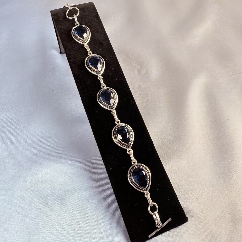 925 Sterling Silver Bracelet Blue Sapphire Gemstone Jewelry Handmade Chain 7.5”